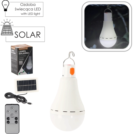 Napelemes függesztett LED izzó 12 W, hideg fehér, 7,6 × 7,6 × 14,6 cm