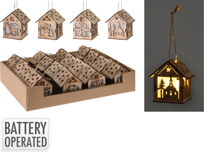 Függő fa ház alakú dekoráció LED-del, 9 cm