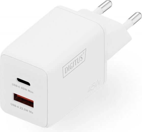 GaN II 45 W hálózati töltő, 1× USB‑C és 1× USB‑A, PD 3.0 és QC 3.0, fehér