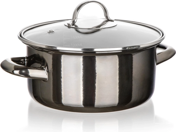 Zománcozott lábas üvegfedővel, 20 cm, 2 l, Metallic Black