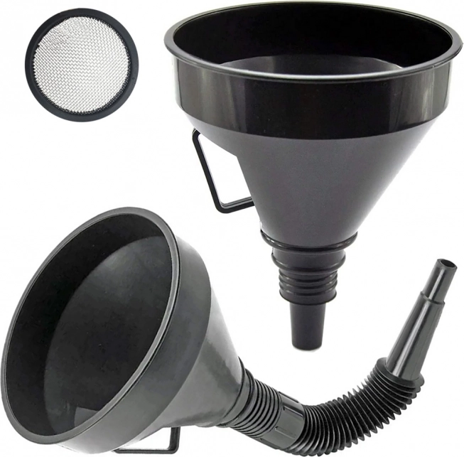 Nagy műanyag üzemanyag tölcsér szűrővel