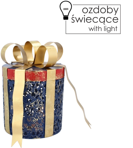 Fém karácsonyi ajándék dekoráció LED világítással, kék arany masnival