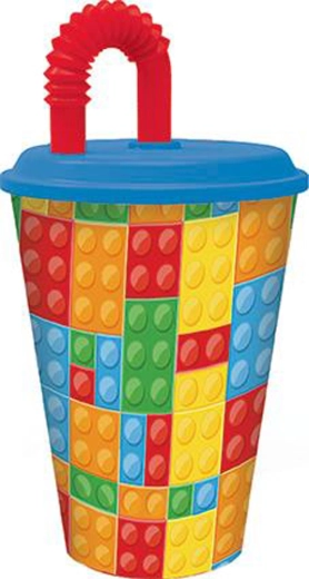 Műanyag pohár szívószállal 430 ml Kockák