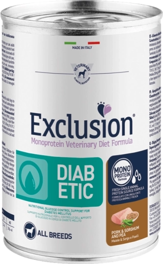 Exclusion Diabetic kutyakonzerv sertéshússal, cirokkal és borsóval 400 g