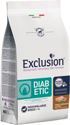 Exclusion Diabetic közepes és nagytestű fajtáknak – sertéshús cirokkal és borsóval 2 kg