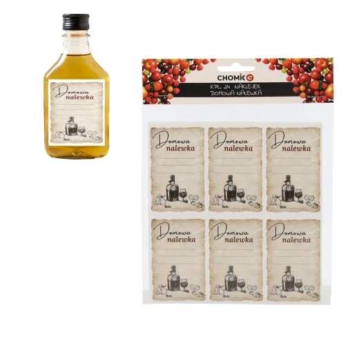 24 darabos „Domowa Nalewka” címkeszett házi likőrökhöz, 50 × 80 mm