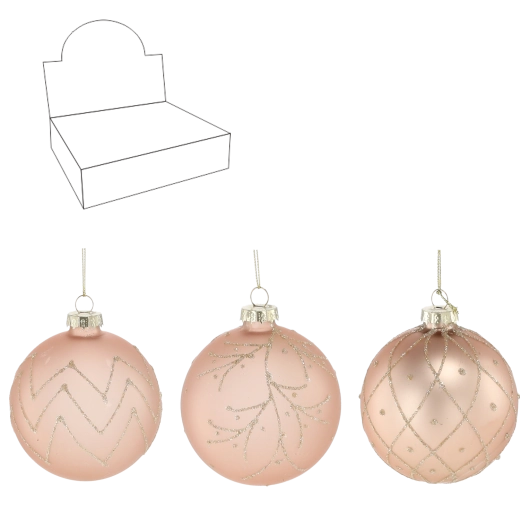 8 cm-es, bézs színű üveg karácsonyi gömbszett, vegyes mintákkal (12 db)