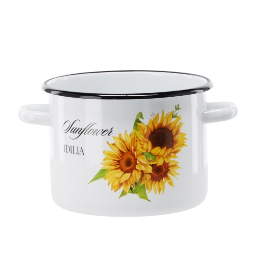 Zománcozott fazék napraforgó mintával, 3 l, 18 cm, fehér