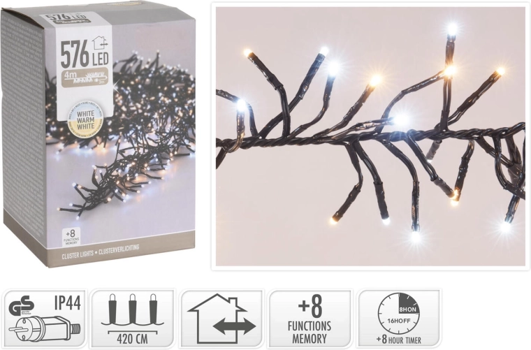 Karácsonyi LED fényfüzér 4,2 m, 576 LED, meleg fehér, 8 funkció, IP44, időzítővel