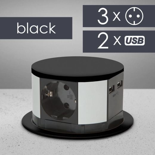 Felnyitható, beépíthető elosztó 3 aljzattal, USB-A és USB-C csatlakozóval, fekete