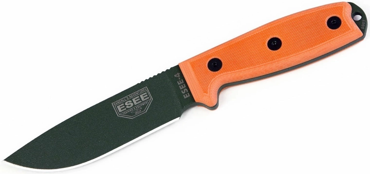 ESEE 4P OD univerzális kés 11,4 cm, fekete felület, narancssárga G10 markolat, műanyag tok