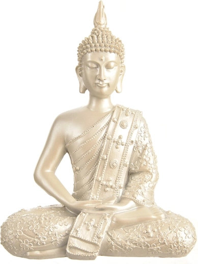 Ezüst Buddha szobor polystone-ból, 27 cm