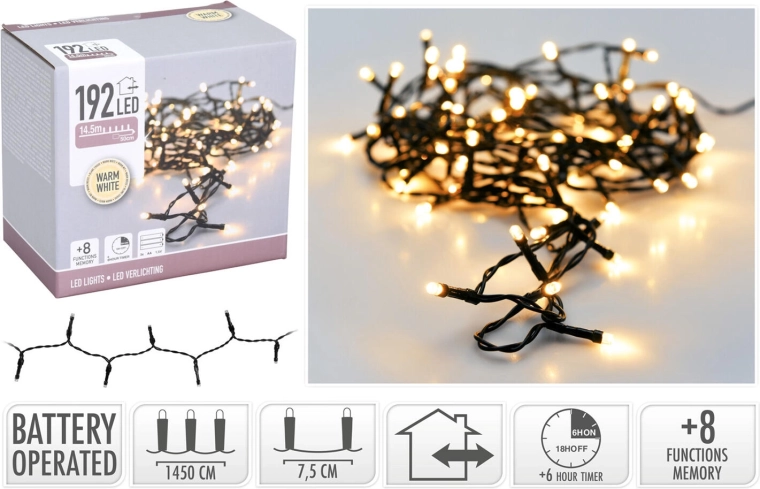 Karácsonyi LED fényfüzér 15 m, 192 LED, meleg fehér, 8 funkció, IP44