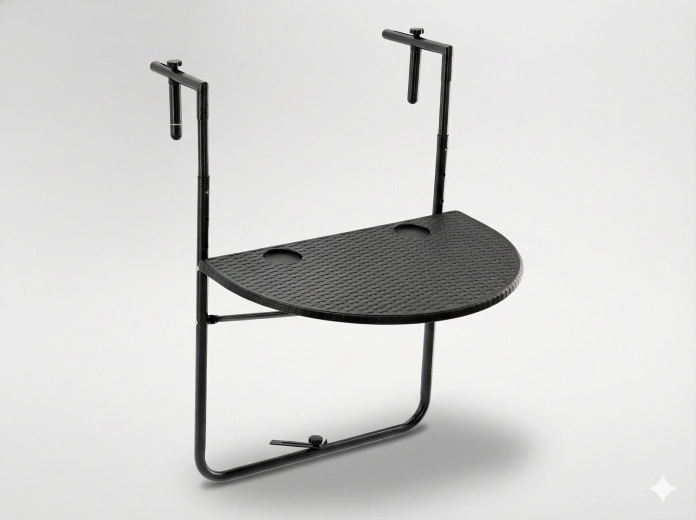 Függesztett, összecsukható, félkör alakú erkélyasztal, fekete rattan hatás