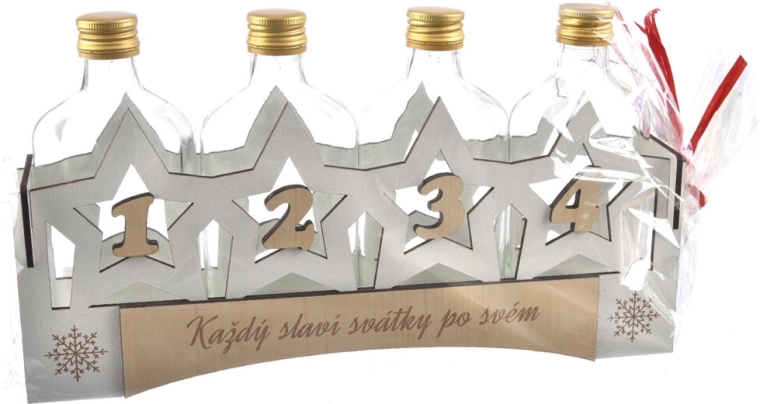 Üvegpalack fa tartóban adventi motívummal 33 × 18,5 × 6,5 cm