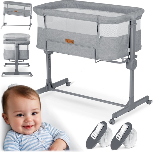 NUKIDO hozzátolható kiságy matraccal, szürke