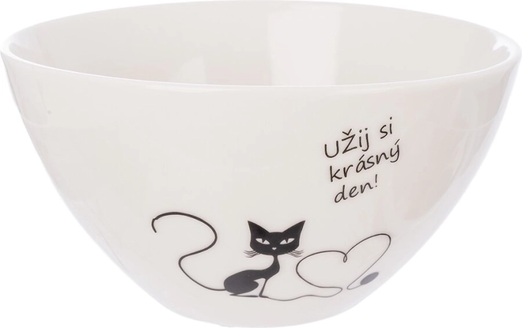 Porcelán tálka cicás mintával és „élvezd…” felirattal, 460 ml
