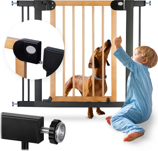 NUKIDO gyermekbiztonsági kapu, fekete–fa, 76–104 cm