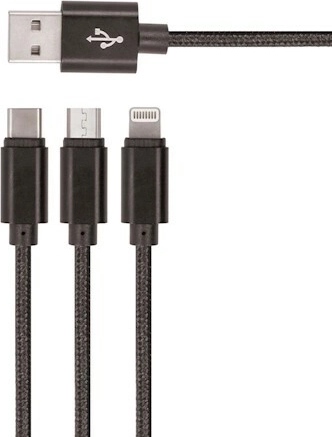 Setty nejlon USB kábel 3 az 1-ben microUSB, Lightning, USB‑C 1 m – fekete