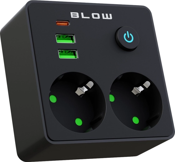 BLOW elosztóadapter 2 aljzattal, 2× USB-vel és USB‑C-vel, fekete