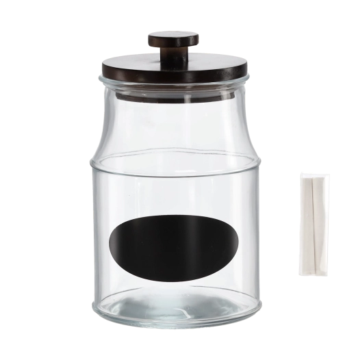 2,6 l-es üveg fa tetővel, címkével és krétával