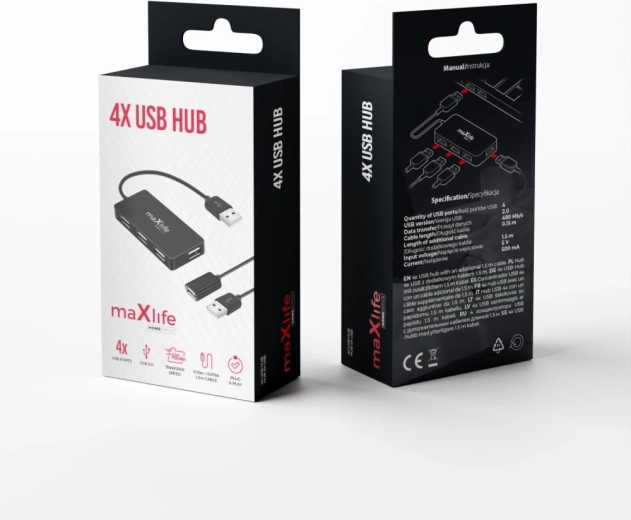 Maxlife home office USB elosztó 4× USB 2.0 fekete 1,5 m