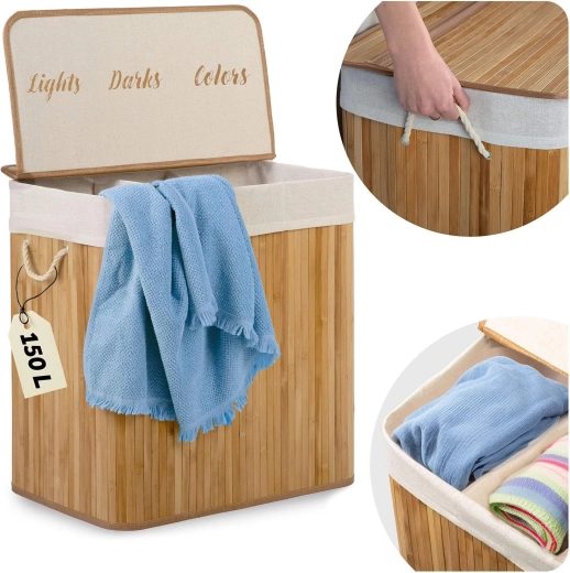 Bambusz szennyeskosár 150 l, 3 rekesszel és fedéllel MASSIDO