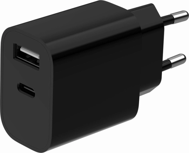 Univerzális hálózati USB töltő 2 porttal (USB-A + USB-C), 2,4 A, fekete