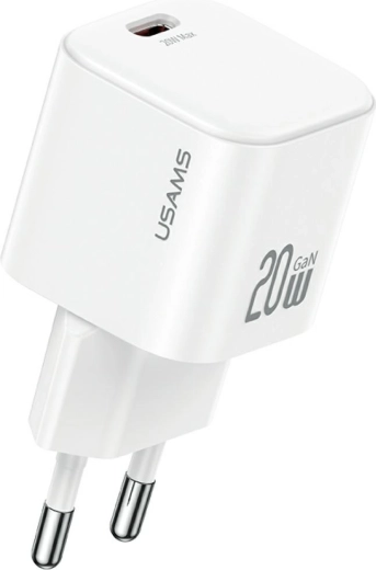 USAMS JO Series 20 W-os GaN hálózati töltő USB-C + USB-C/Lightning kábel 1 m fehér