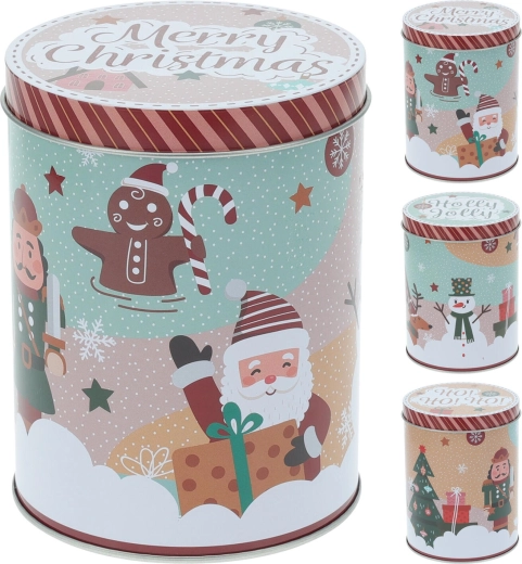 Karácsonyi kerek bádog doboz 10,5 × 14 cm – vegyes minták