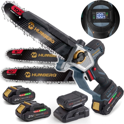 Humberg 21 V akkumulátoros mini láncfűrész 10" és 8" vezetőlemezzel (2× 2,0 Ah)