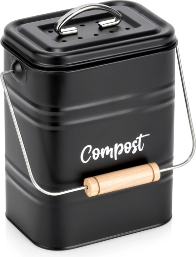 Konyhai komposztáló aktív szénszűrővel, fém, fekete, 5 l