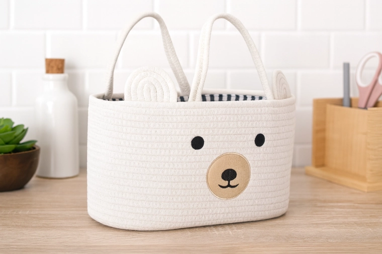 Fehér textil tárolókosár mackó formában, fülekkel 35 × 25 × 21 cm