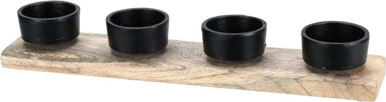 Négy gyertyás gyertyatartó fából és fémből, fekete, 30,5 × 6 × 4,5 cm