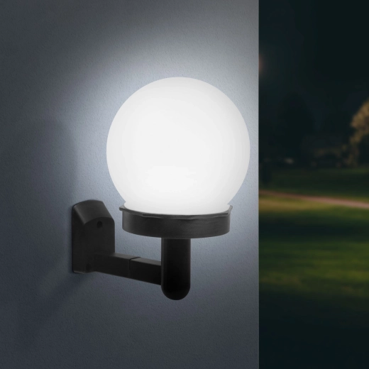 LED napelemes fali lámpa gömbbel, hideg fehér, fekete