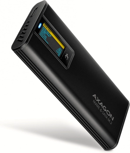 Axagon EEM2-SD2B külső alumínium ház M.2 NVMe/SATA meghajtóhoz, USB‑C 3.2 Gen 2, LED kijelző, fekete