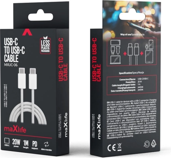 Maxlife nylon kábel USB-C – USB-C 1 m 20 W szürke