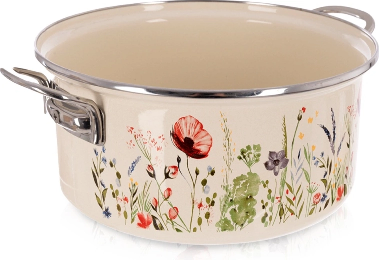 Krém színű, pipacs mintás zománcozott fazék 24 cm, 3,8 l