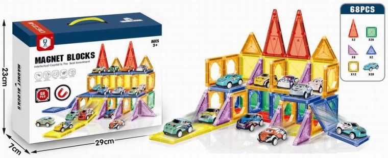 Mágneses 3D építőkészlet kisautókkal, 68 darab