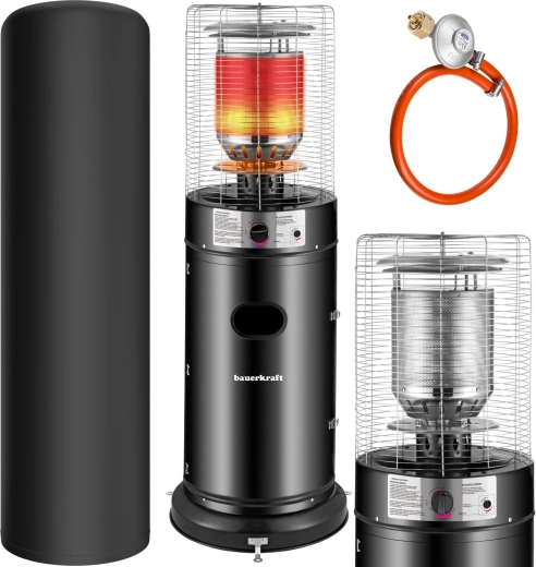 11 kW‑os gázos teraszfűtő üveg burkolattal, nyomáscsökkentővel, tömlővel és huzattal