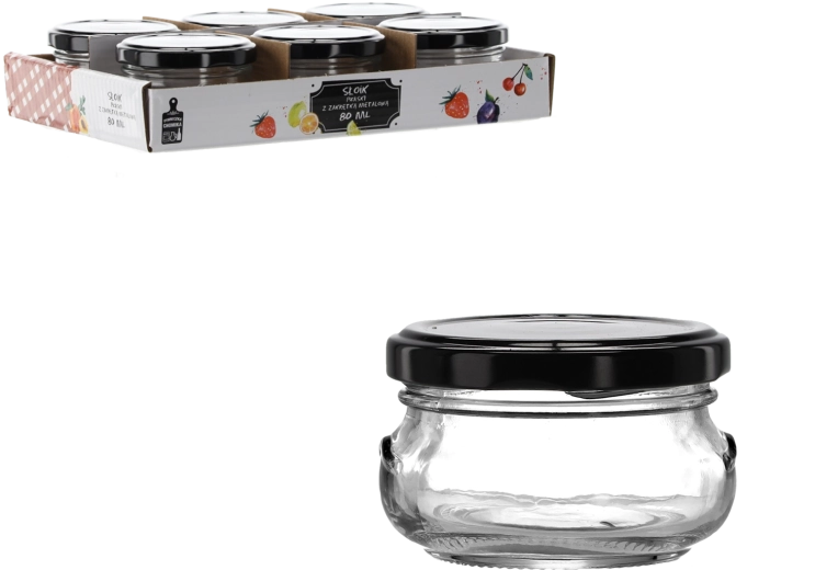 80 ml-es üveg tárolóedény lapos formával és fekete fém fedéllel