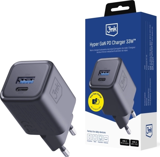 3MK Hyper Charger PD 33W GaN hálózati töltő USB-A és USB-C, fekete