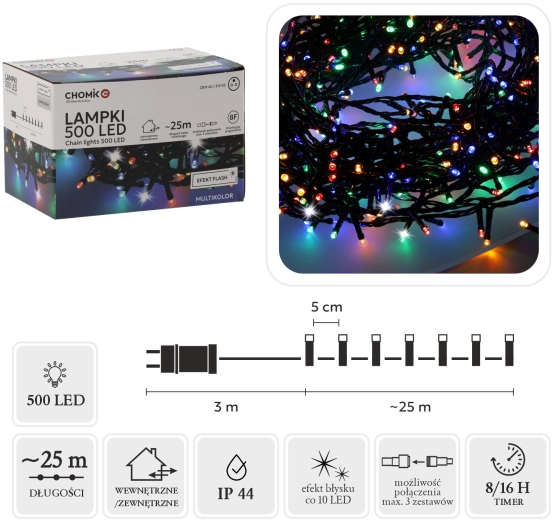 LED fényfüzér 500 diódával, multikolor hideg flash effektussal, 28 m, IP44