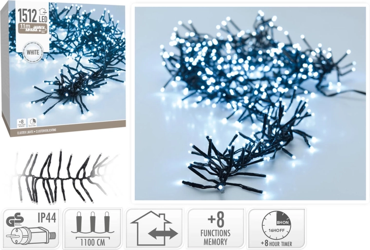 Karácsonyi fényfüzér 11 m, 1512 LED, hideg fehér, 8 funkció, IP44, időzítővel - 1 db
