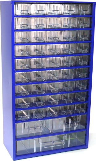 TOKOZ fém fiókos szekrény alkatrészekhez, 45 kicsi + 2 közepes + 1 nagy fiók, 30,5 × 55 × 15,5 cm, kék