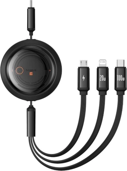 BASEUS Free2Draw 3 az 1-ben kihúzható töltőkábel USB‑C/Lightning/Micro 100 W, 1,1 m, fekete