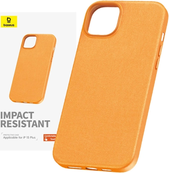BASEUS Fauxther PU műbőr tok iPhone 15 Plus-hoz – narancssárga