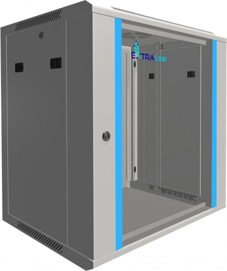 Fali rack szekrény 12U 600×450, szürke, üvegezett ajtóval EXTRALINK