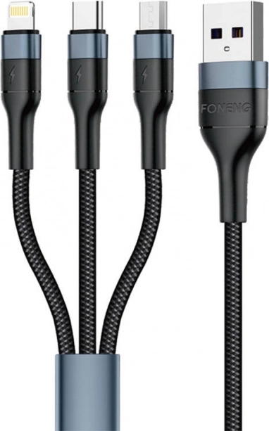 Foneng 3 az 1-ben töltőkábel USB‑A–USB‑C/micro USB/Lightning, 3 A, 1 m, fekete