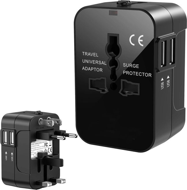 Univerzális utazó hálózati adapter 2× USB-vel (UK/USA/EU/AUS)